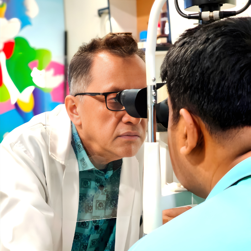 Dr. Md. Salahuddin Rahmatullah Shaheen, squint specialist, performing a detailed eye examination on a patient using a slit lamp microscope.